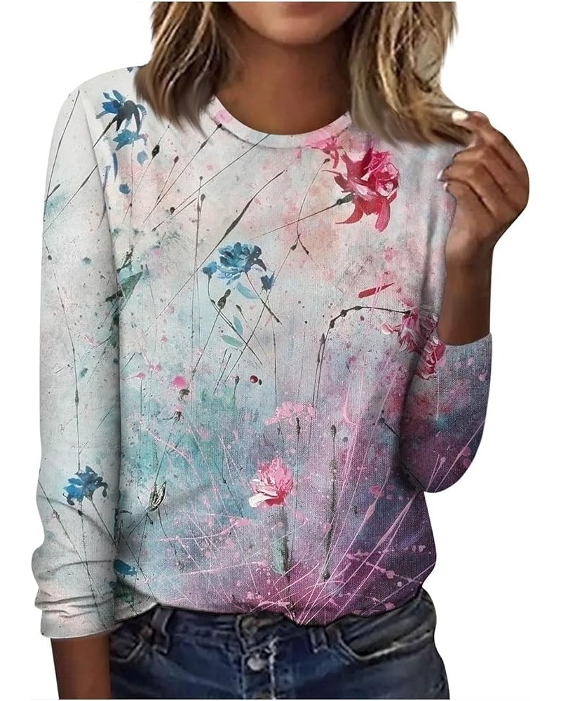 Plus Size Tops for Women,Women's Casual Fashion Print Long Sleeve O-Neck Lapel Comfortable T Shirts Top 3-light Purple $10.96...