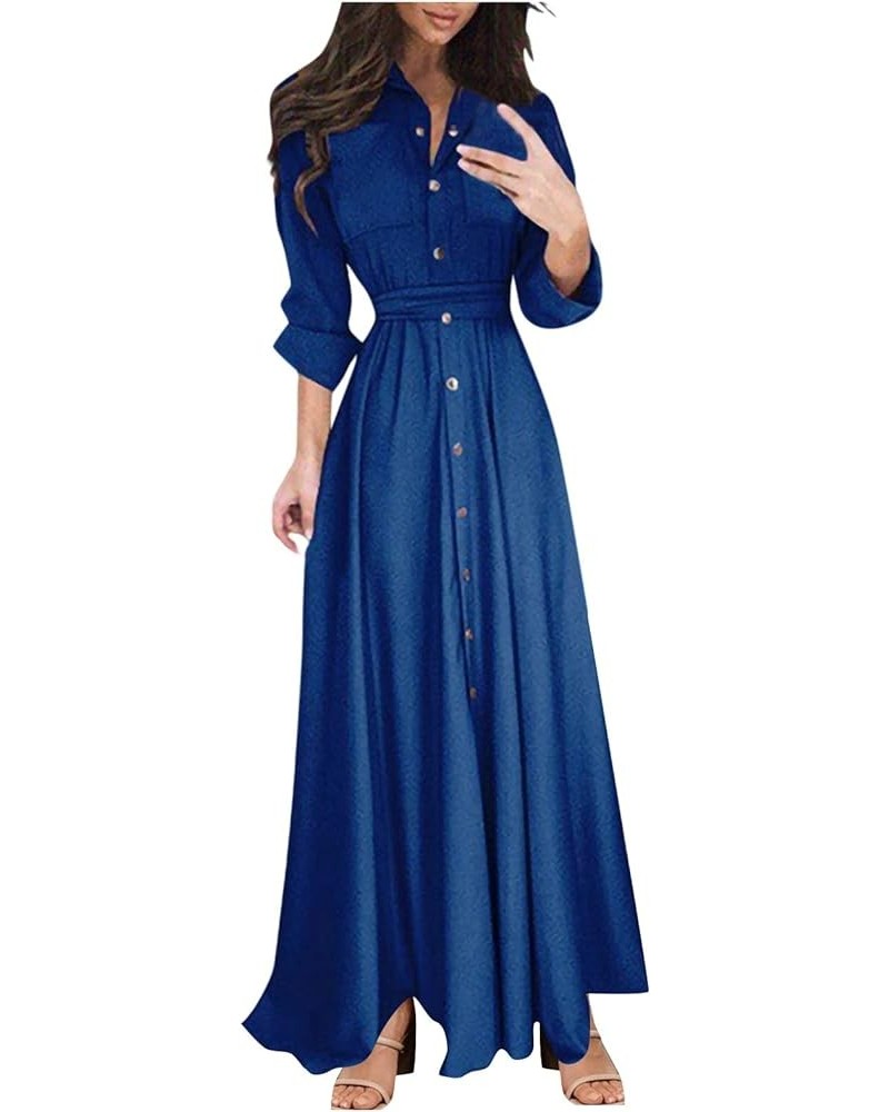 Women's Fall Casual Elegant Long Sleeve Solid Color Mock Neck Button Down Front Pockets Long Shirt Dress Maxi Dress 02-blue $...