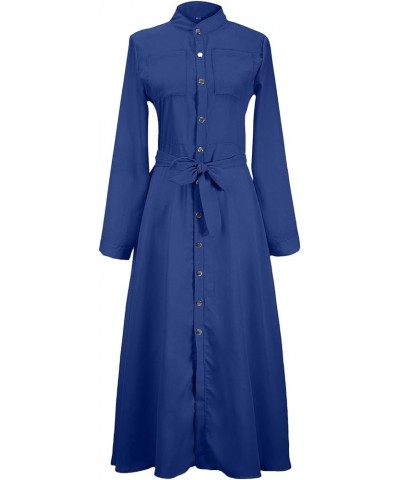 Women's Fall Casual Elegant Long Sleeve Solid Color Mock Neck Button Down Front Pockets Long Shirt Dress Maxi Dress 02-blue $...