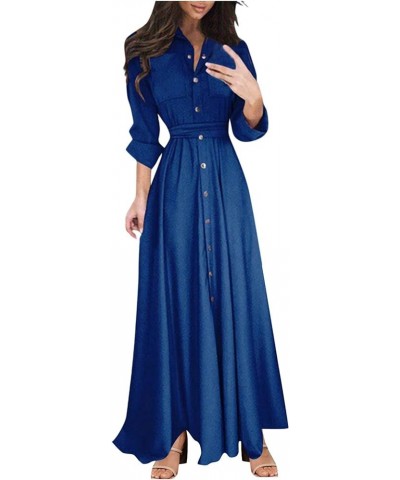 Women's Fall Casual Elegant Long Sleeve Solid Color Mock Neck Button Down Front Pockets Long Shirt Dress Maxi Dress 02-blue $...