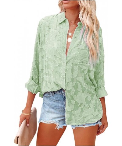 Women's Chiffon Blouse Solid Color Long Sleeve Button Down Elegant Jacquard Shirts Tops Green $20.64 Blouses