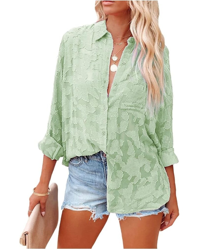 Women's Chiffon Blouse Solid Color Long Sleeve Button Down Elegant Jacquard Shirts Tops Green $20.64 Blouses