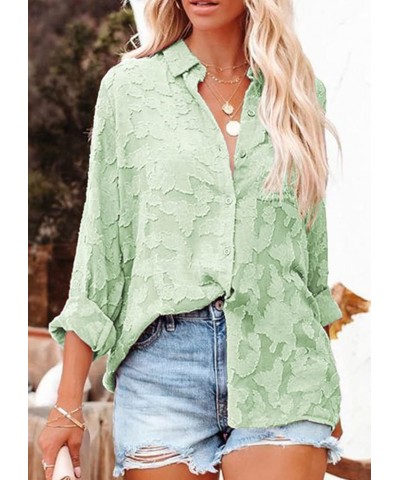 Women's Chiffon Blouse Solid Color Long Sleeve Button Down Elegant Jacquard Shirts Tops Green $20.64 Blouses