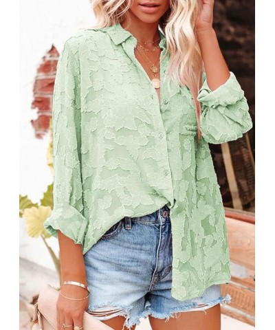 Women's Chiffon Blouse Solid Color Long Sleeve Button Down Elegant Jacquard Shirts Tops Green $20.64 Blouses