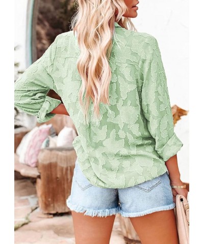 Women's Chiffon Blouse Solid Color Long Sleeve Button Down Elegant Jacquard Shirts Tops Green $20.64 Blouses