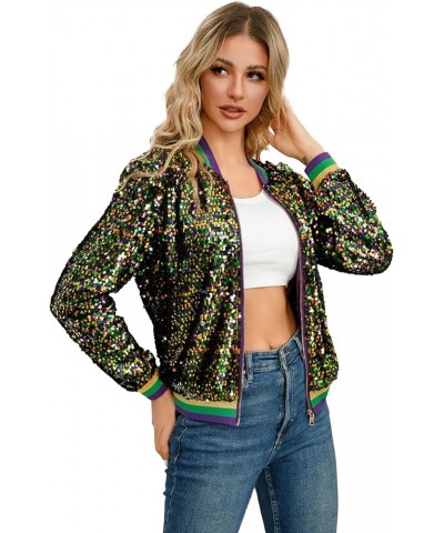 Hzongs Mardi Gras Sequin Jackets For Women Sparkly Zipper Shiny Glitter Long Sleeve Jacket 2024 Carnival Multicolor 01-a-yell...