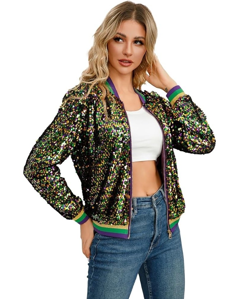 Hzongs Mardi Gras Sequin Jackets For Women Sparkly Zipper Shiny Glitter Long Sleeve Jacket 2024 Carnival Multicolor 01-a-yell...