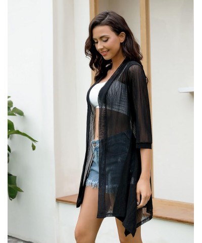 Women Open Front Sheer Cardigans 3/4 Sleeve Lightweight Kimono Cover Up Black $15.92 Sweaters