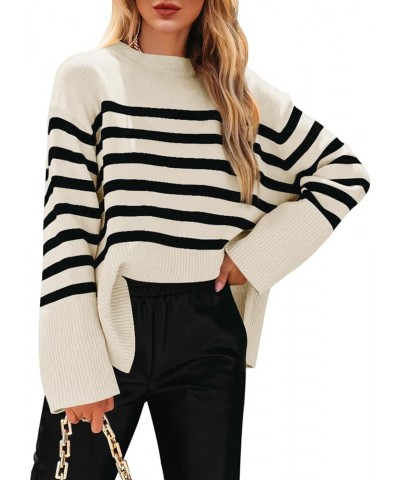 Womens 2024 Oversized Striped Sweater Crew Neck Long Sleeve Color Block Knit Side Slit Pullover Jumper Tops Off-white $20.90 ...