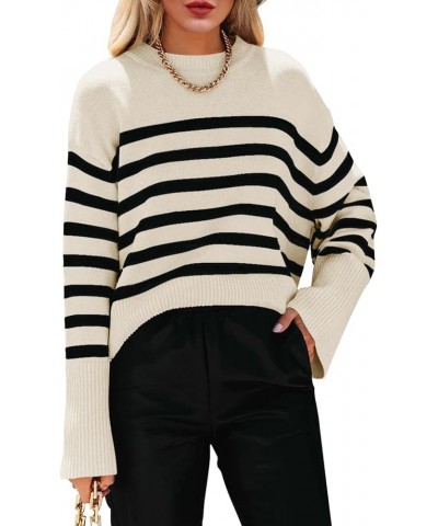 Womens 2024 Oversized Striped Sweater Crew Neck Long Sleeve Color Block Knit Side Slit Pullover Jumper Tops Off-white $20.90 ...