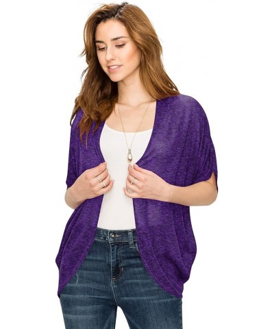 Women's Short Sleeve Open-Front Batwing Cardigan - Made in USA Wsk1528_purple_black $13.89 Sweaters