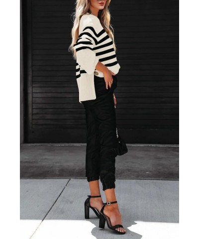 Womens 2024 Oversized Striped Sweater Crew Neck Long Sleeve Color Block Knit Side Slit Pullover Jumper Tops Off-white $20.90 ...