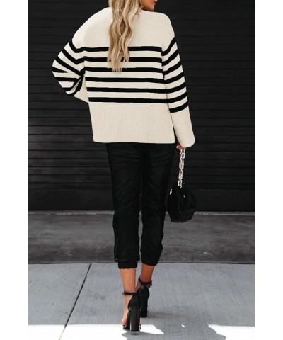 Womens 2024 Oversized Striped Sweater Crew Neck Long Sleeve Color Block Knit Side Slit Pullover Jumper Tops Off-white $20.90 ...