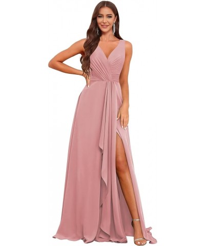 V Neck Long Bridesmaid Dresses for Women A Line Pleated Chiffon Ruffles Formal Evening Dresses with Slit Dusty Rose $25.49 Dr...