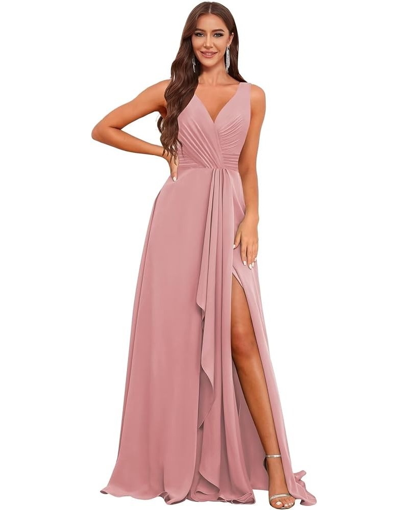 V Neck Long Bridesmaid Dresses for Women A Line Pleated Chiffon Ruffles Formal Evening Dresses with Slit Dusty Rose $25.49 Dr...