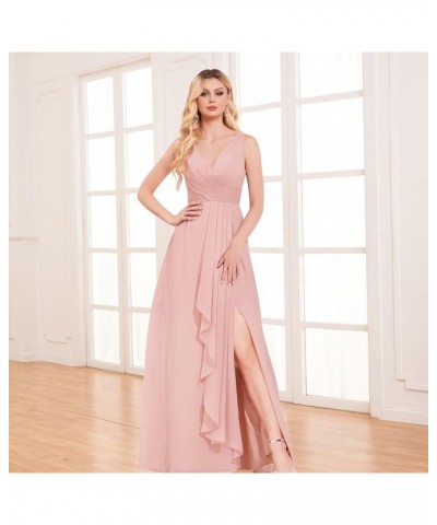 V Neck Long Bridesmaid Dresses for Women A Line Pleated Chiffon Ruffles Formal Evening Dresses with Slit Dusty Rose $25.49 Dr...