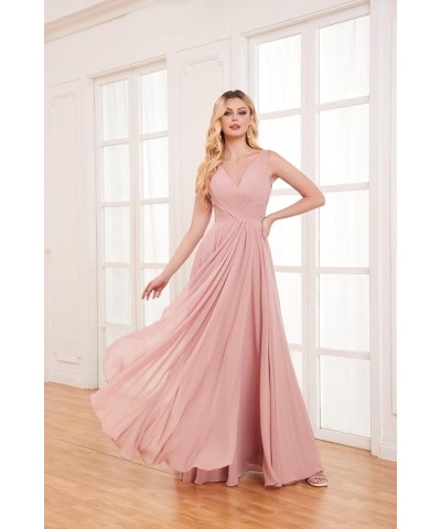 V Neck Long Bridesmaid Dresses for Women A Line Pleated Chiffon Ruffles Formal Evening Dresses with Slit Dusty Rose $25.49 Dr...