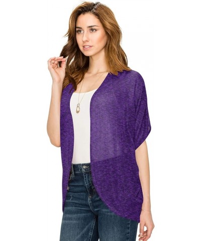 Women's Short Sleeve Open-Front Batwing Cardigan - Made in USA Wsk1528_purple_black $13.89 Sweaters