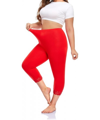 Plus Size Leggings for Women Capri Leggings Stretchy Yoga Tights Solid with Lace Trim Red $8.83 Leggings