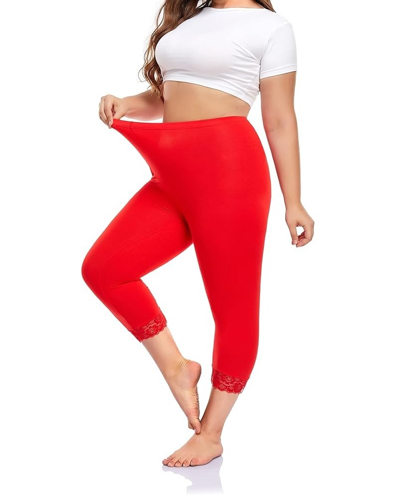 Plus Size Leggings for Women Capri Leggings Stretchy Yoga Tights Solid with Lace Trim Red $8.83 Leggings