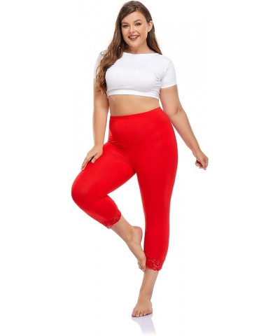 Plus Size Leggings for Women Capri Leggings Stretchy Yoga Tights Solid with Lace Trim Red $8.83 Leggings