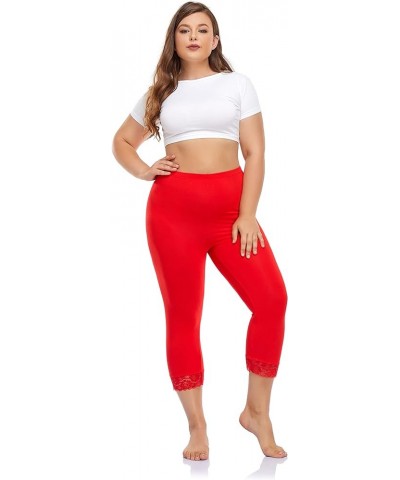 Plus Size Leggings for Women Capri Leggings Stretchy Yoga Tights Solid with Lace Trim Red $8.83 Leggings