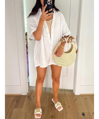 Women's Summer Casual Short Sleeve Button Down Shorts Rompers V Neck Collared Jumpsuit for Women with Pockets 01-white $16.80...