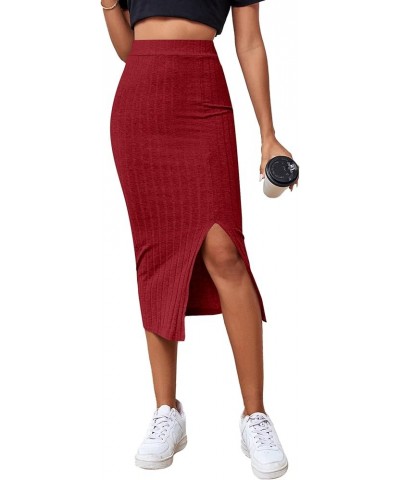 Women's High Waist Stretchy Rib Knit Split Slit Hem Midi Pencil Skirt Red 2 $13.99 Skirts