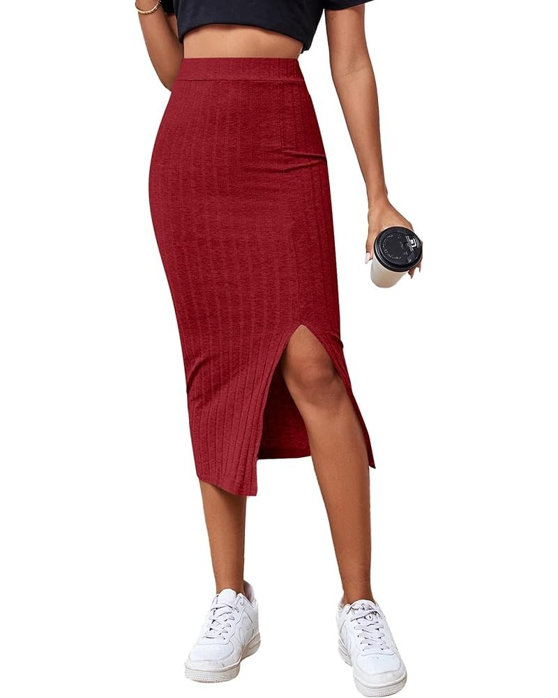 Women's High Waist Stretchy Rib Knit Split Slit Hem Midi Pencil Skirt Red 2 $13.99 Skirts