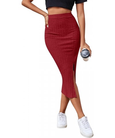 Women's High Waist Stretchy Rib Knit Split Slit Hem Midi Pencil Skirt Red 2 $13.99 Skirts