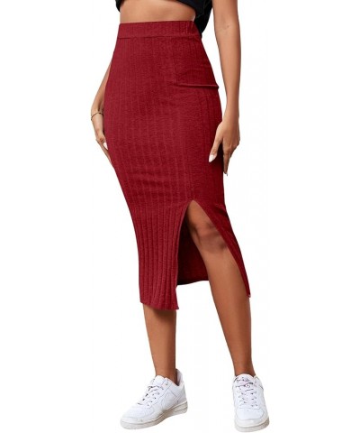 Women's High Waist Stretchy Rib Knit Split Slit Hem Midi Pencil Skirt Red 2 $13.99 Skirts