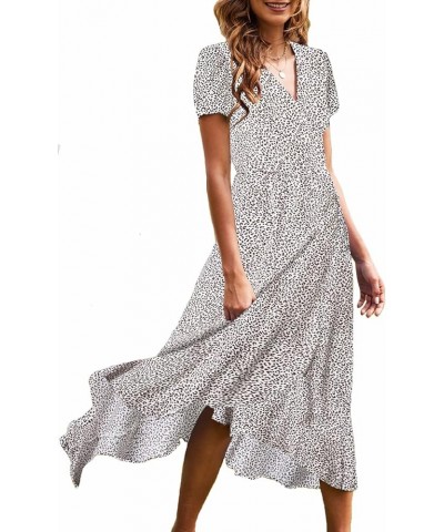 Women's Summer Casual V Neck Bohemian Dress Short Sleeve Beach Long Dresses Brown Print $14.74 Dresses