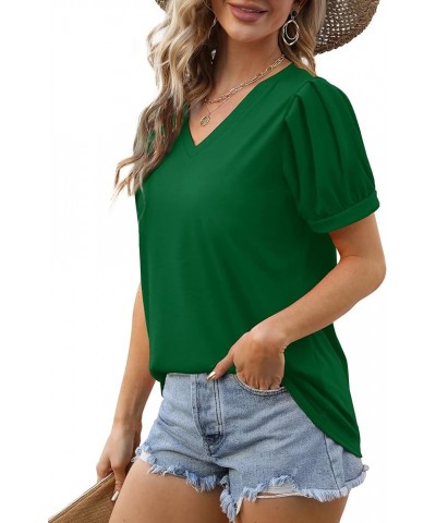 Womens Summer Tops Puff Short Sleeve V Neck T Shirts Loose Casual Tshirts 03g-dark Green $11.25 T-Shirts