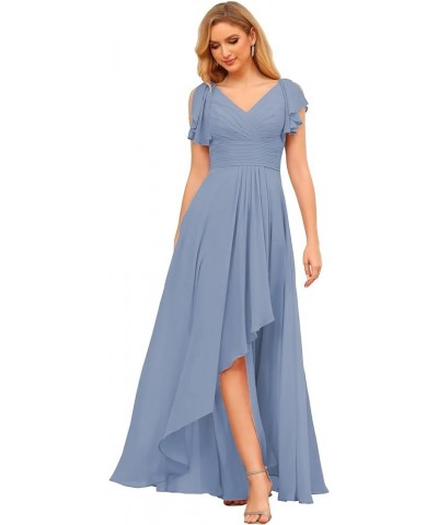 Women's Chiffon Bridesmaid Dresses High-Low Short Sleeves V-Neck Formal Party Dress NJ001 Steel Blue $30.24 Dresses