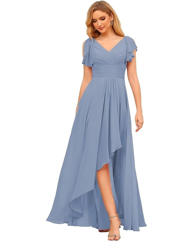 Women's Chiffon Bridesmaid Dresses High-Low Short Sleeves V-Neck Formal Party Dress NJ001 Steel Blue $30.24 Dresses