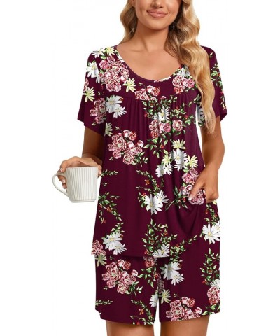 2 Piece Women's Short Sleeve Pajama Sets, Lounge Sleepwear Ladies Pjs Sets with Pockets 02 Fl Wine Red $15.18 Sleep & Lounge