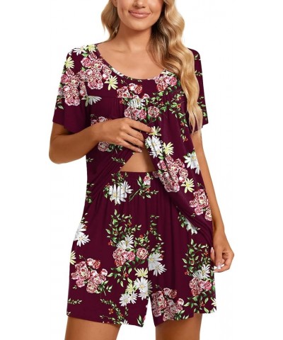 2 Piece Women's Short Sleeve Pajama Sets, Lounge Sleepwear Ladies Pjs Sets with Pockets 02 Fl Wine Red $15.18 Sleep & Lounge