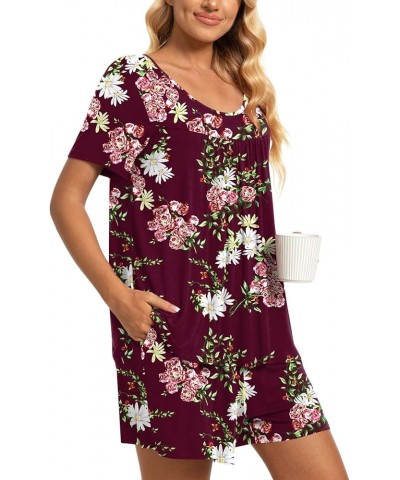 2 Piece Women's Short Sleeve Pajama Sets, Lounge Sleepwear Ladies Pjs Sets with Pockets 02 Fl Wine Red $15.18 Sleep & Lounge