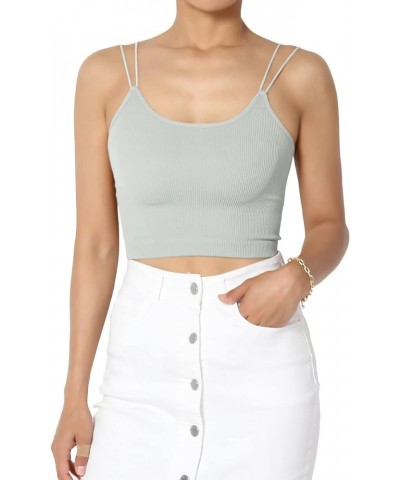 Women's Basic Solid Spaghetti Strap Double Layered Stretch Crop Cami Tank Top Seamless Light Grey $10.25 Tops