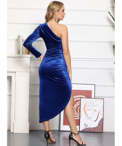 Womens One Off Shoulder Midi Dress Long Sleeve Velvet Sexy Bodycon Party Pencil Dress K Blue $22.54 Dresses