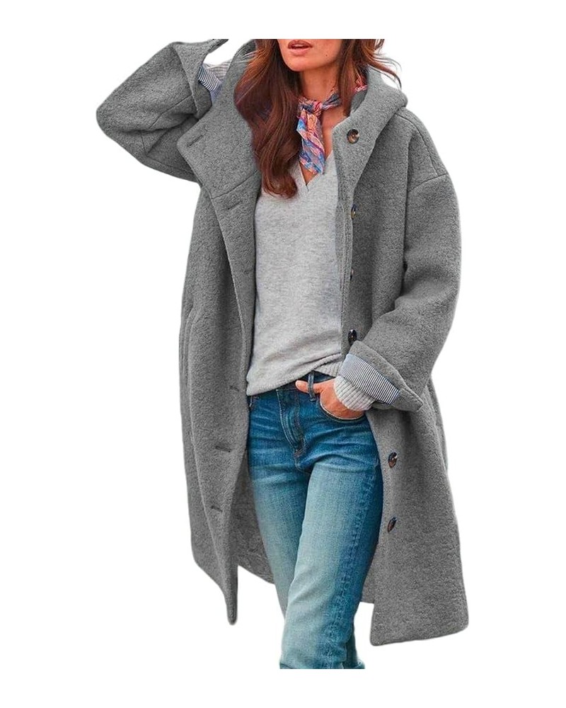 Women's Winter Woolen Long Coat Oversized Hooded Button Down Fleece Jacket Solid Color Casual Coat with Pockets Grey $25.92 C...