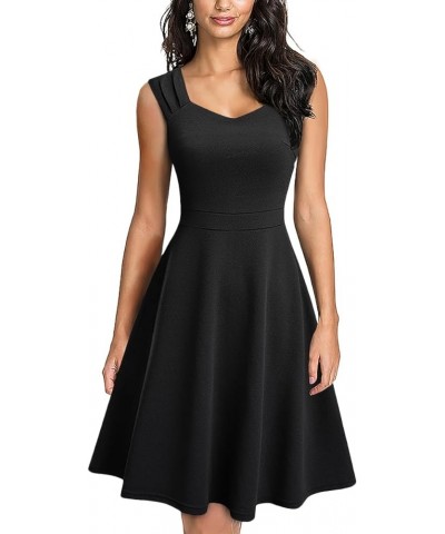 Women's V Neck Sleeveless Ruffle A Line High Waist Elegant Cocktail Midi Dress Solid Black $26.99 Dresses