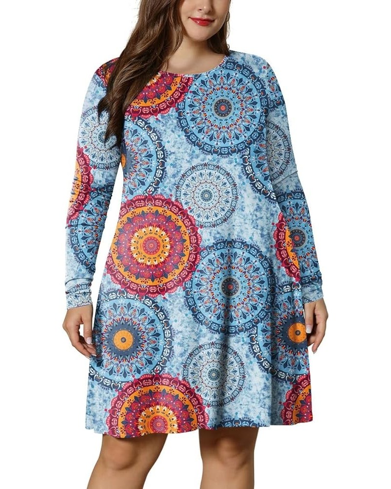 Women's Winter XL-6XL Plus Size Dresses Casual Long Sleeve Dress with Pockets Fl Mix Blue+long Sleeve $13.12 Dresses