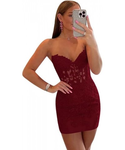 Strapless Tight Homecoming Dresses for Teens 2024 Short Lace Appliques Sweetheart Prom Cocktail Dress Burgundy $26.00 Dresses