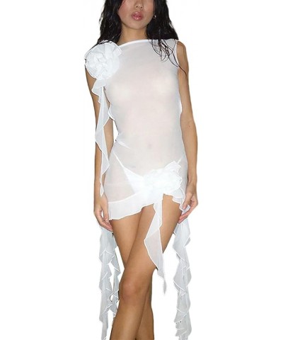 Women Sexy Cutout Sheer Mesh See Through Bodycon Mini Dress Y2k Ruffled Side Split Bikini Cover Up Dress White Sleeveless $14...