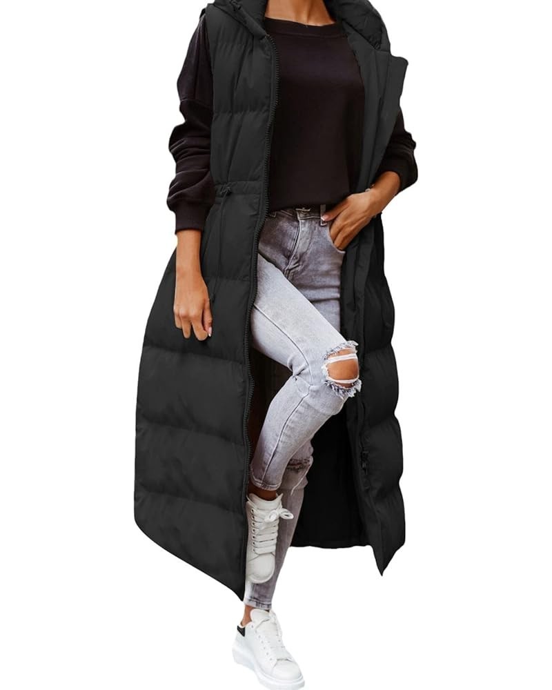 Womens Sleeveless Long Quilted Vest Hooded Button Down Puff Vest Cotton Padded Jacket Winter Outerwear Falls Creek Vest3-blac...