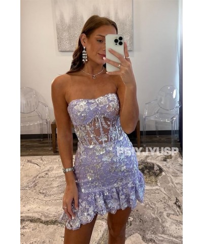 Women's Strapless Tight Homecoming Dresses for Teens 2023 Sparkly Sequin Lace Applique Ruffle Corset Prom Dress Dusty Rose $4...