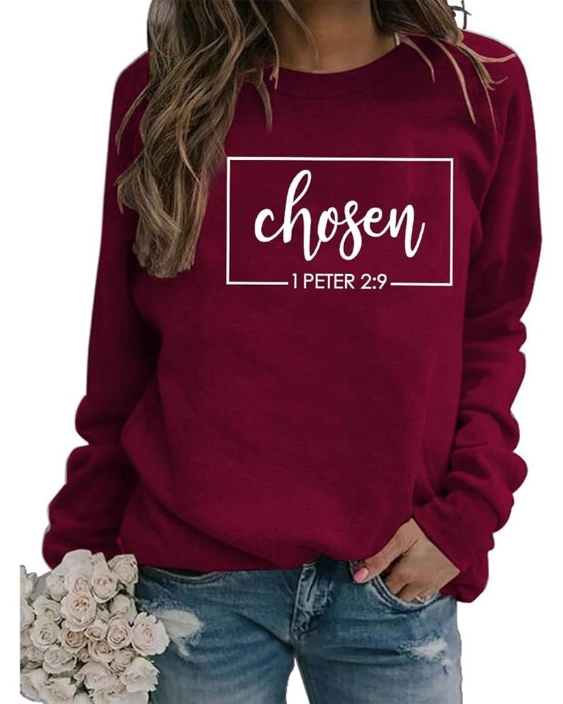 Chosen 1 Peter 2:9 Sweatshirt, Chosen Sweatshirt, Christian Sweatshirts, Religious Sweatshirt for Women Wine $13.91 Activewear