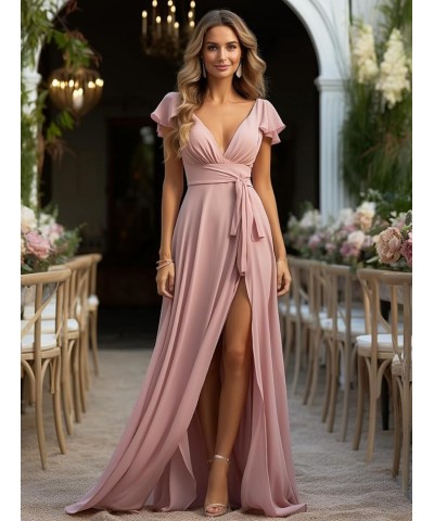 Short Sleeve Bridesmaid Dresses Long V Neck Chiffon Formal Evening Gown with Slit Champagne $31.89 Dresses