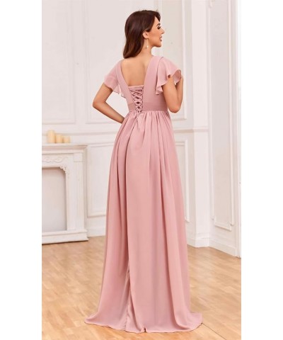 Short Sleeve Bridesmaid Dresses Long V Neck Chiffon Formal Evening Gown with Slit Champagne $31.89 Dresses